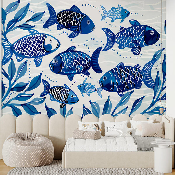 Papier peint Groupe de poissons bleus nageant dans l'eau (UGS : w01062) Papier peint Papier peint Groupe de poissons bleus nageant dans l'eau (UGS : w01062)