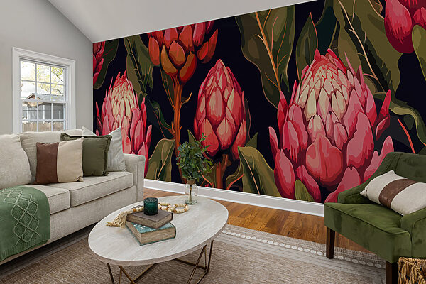Proteas en fleurs dans des teintes vibrantes Papier peint Proteas en fleurs dans des teintes vibrantes