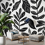 Papier peint Motif de feuilles en noir et blanc