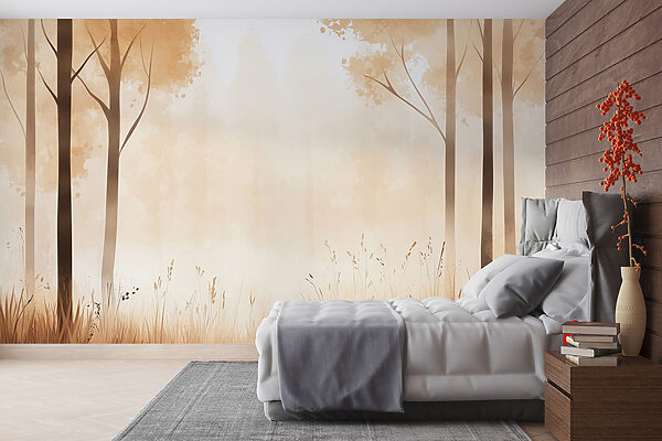 Papier peint Papier peint Forêt brumeuse avec des arbres et de l'herbe (UGS : w01563)