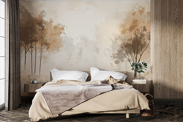 Papier peint Forêt brumeuse avec des arbres et de l'herbe