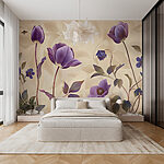 Papier peint Fleurs violettes sur fond beige