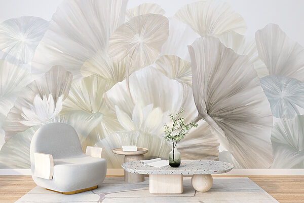 Papier peint Papier peint Groupe de feuilles blanches et grises (UGS : w08265)