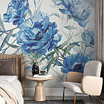Papier peint Fleurs bleues sur fond blanc