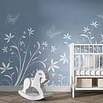 Papier peint Fleurs blanches et papillons sur fond bleu