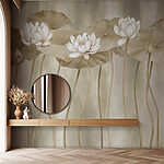 Papier peint Groupe de fleurs et de feuilles blanches