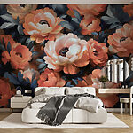 Papier peint Groupe de fleurs avec feuilles bleues
