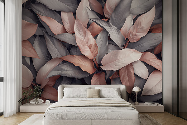 Papier peint Groupe de feuilles avec des feuilles roses et grises