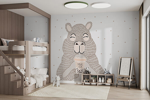 Caricature d'un ours tenant un thé à bulles Papier peint Caricature d'un ours tenant un thé à bulles