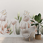 Papier peint Fleurs et feuilles de coton en aquarelle