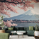 Papier peint Montagne avec des fleurs roses