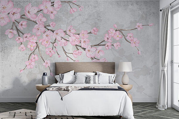 Branche avec des fleurs roses Papier peint Branche avec des fleurs roses
