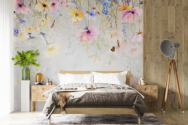 Peinture de fleurs et de papillons Papier peint Peinture de fleurs et de papillons
