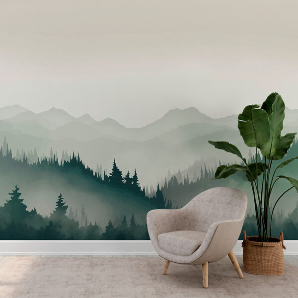 Paysage de montagne brumeux avec arbres et montagnes Papier peint Paysage de montagne brumeux avec arbres et montagnes