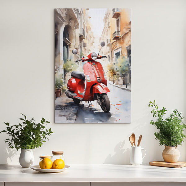 Scooter rouge dans une rue Tableaux Scooter rouge dans une rue