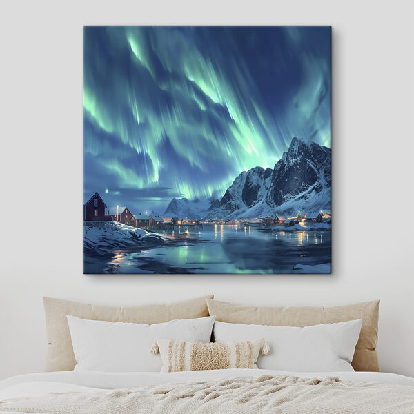 Aurore boréale sur une montagne enneigée Tableaux Aurore boréale sur une montagne enneigée