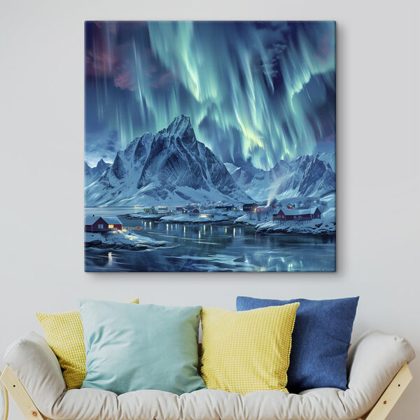 Chaîne de montagnes enneigées avec un village au loin Tableaux Chaîne de montagnes enneigées avec un village au loin