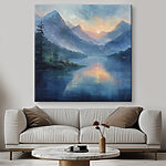 Tableaux Peinture d'un lac avec montagnes et arbres