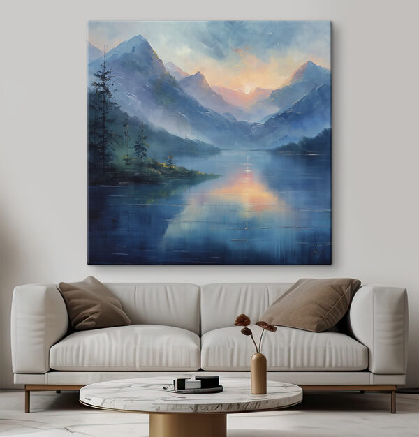 Peinture d'un lac avec montagnes et arbres Tableaux Peinture d'un lac avec montagnes et arbres