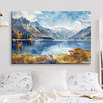 Tableaux Aquarelle d'un lac entouré de montagnes et de nuages