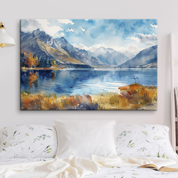 Aquarelle d'un lac entouré de montagnes et de nuages Tableaux Aquarelle d'un lac entouré de montagnes et de nuages