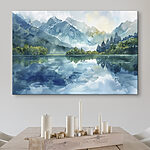 Tableaux Peinture à l'eau d'un lac avec des arbres et des montagnes en arrière-plan