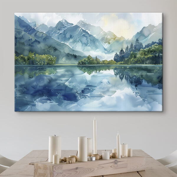 Peinture à l'eau d'un lac avec des arbres et des montagnes en arrière-plan Tableaux Peinture à l'eau d'un lac avec des arbres et des montagnes en arrière-plan