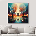 Tableaux Femme debout sur une surface réfléchissante avec des arbres et une grande lune