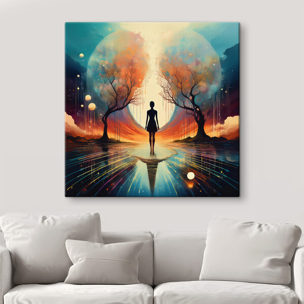 Femme debout sur une surface réfléchissante avec des arbres et une grande lune Tableaux Femme debout sur une surface réfléchissante avec des arbres et une grande lune