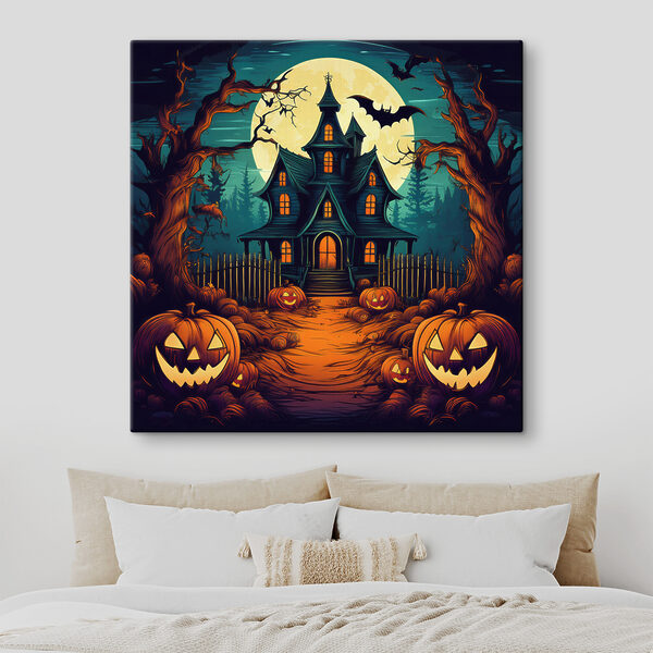 Maison avec des citrouilles et une clôture devant elle Tableaux Maison avec des citrouilles et une clôture devant elle