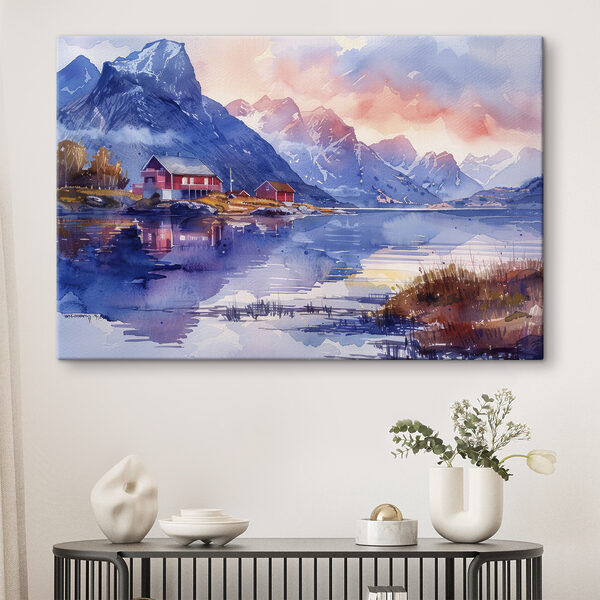 Aquarelle d'une maison sur une colline au bord d'un lac Tableaux Aquarelle d'une maison sur une colline au bord d'un lac