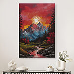 Tableaux Peinture d'une chaîne de montagnes avec des arbres et une rivière