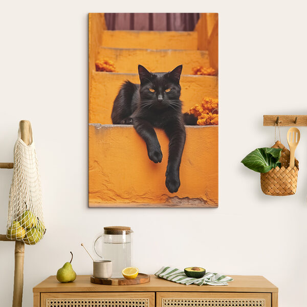 Chat noir couché sur un escalier Tableaux Chat noir couché sur un escalier