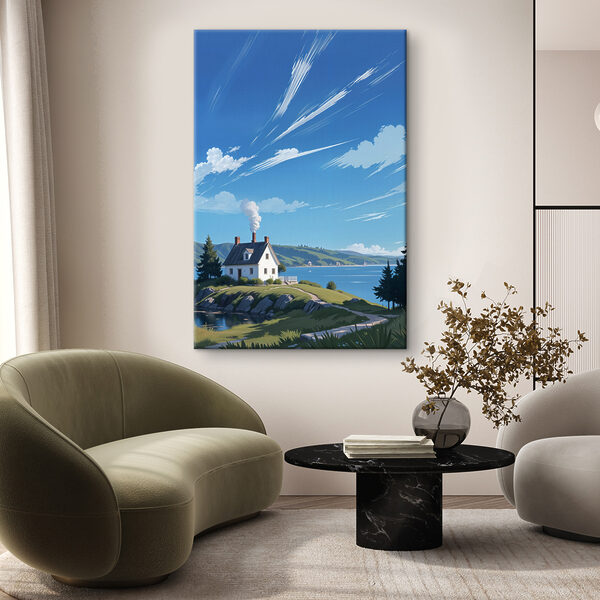 Maison sur une colline au bord de l'eau Tableaux Maison sur une colline au bord de l'eau