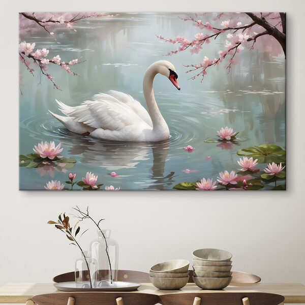 Cygne blanc dans l'eau avec des fleurs roses Tableaux Cygne blanc dans l'eau avec des fleurs roses