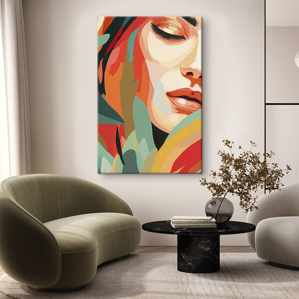 Visage de femme avec des feuilles colorées Tableaux Visage de femme avec des feuilles colorées