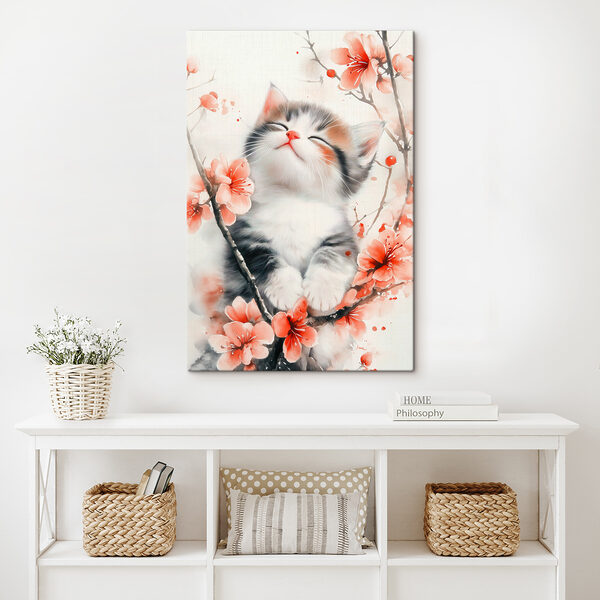 Chat assis sur un arbre avec des fleurs Tableaux Chat assis sur un arbre avec des fleurs