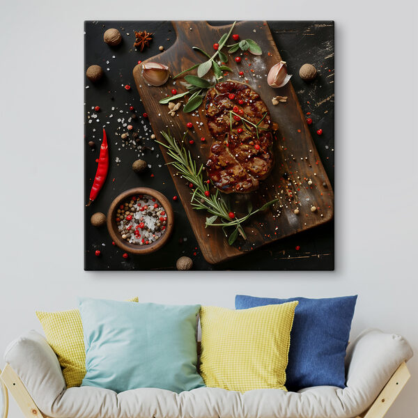 Morceau de viande avec des épices et des herbes sur une planche à découper Tableaux Morceau de viande avec des épices et des herbes sur une planche à découper