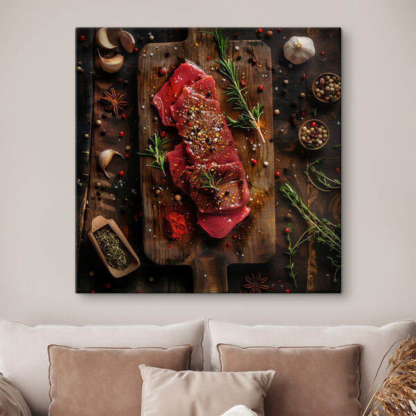 Viande sur une planche à découper avec des épices et des herbes Tableaux Viande sur une planche à découper avec des épices et des herbes
