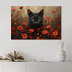 Tableaux Chat noir dans un champ de fleurs rouges