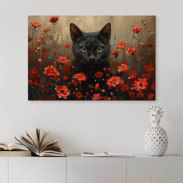 Chat noir dans un champ de fleurs rouges Tableaux Chat noir dans un champ de fleurs rouges