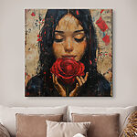 Tableaux Peinture d'une femme tenant une rose rouge