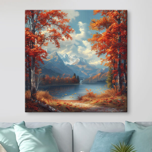 Lac avec des feuilles orangées et des montagnes en arrière-plan Tableaux Lac avec des feuilles orangées et des montagnes en arrière-plan