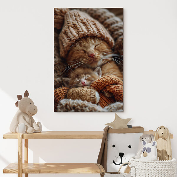 Chat et chaton avec bonnets tricotés Tableaux Chat et chaton avec bonnets tricotés