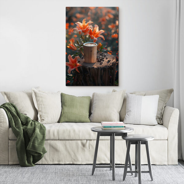 Tasse de café sur une souche avec des fleurs d'oranger Tableaux Tasse de café sur une souche avec des fleurs d'oranger