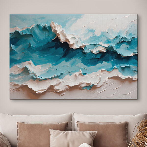 Peinture d'une montagne avec des vagues blanches et bleues Tableaux Peinture d'une montagne avec des vagues blanches et bleues