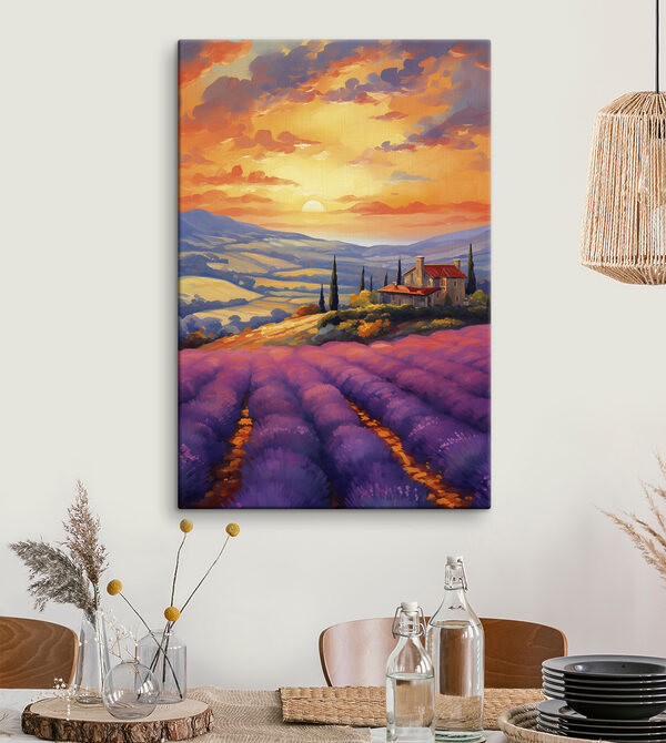 Maison sur une colline avec des champs de lavande Tableaux Maison sur une colline avec des champs de lavande
