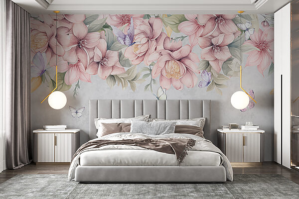 Les papillons se reposent parmi les fleurs luxuriantes Papier peint Les papillons se reposent parmi les fleurs luxuriantes