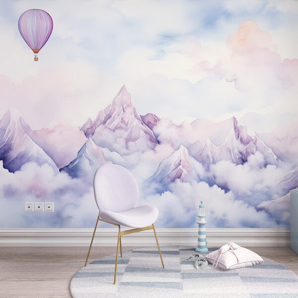 Peinture d'une chaîne de montagnes avec un ballon dans le ciel Papier peint Peinture d'une chaîne de montagnes avec un ballon dans le ciel
