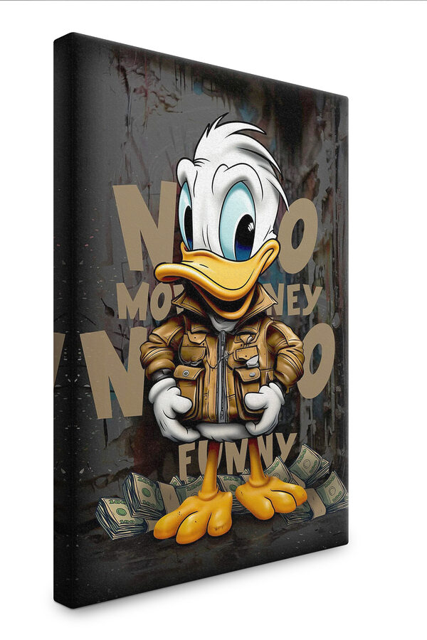 Canard de dessin animé portant une veste et tenant un paquet d'argent Tableaux Canard de dessin animé portant une veste et tenant un paquet d'argent